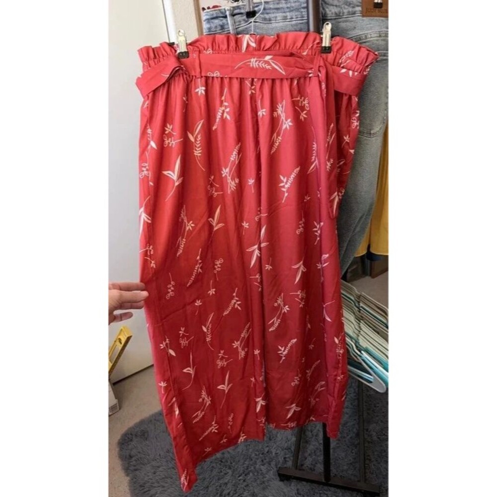 Coral Red High Waist Floral Print Wide Leg Slacks 3XL
